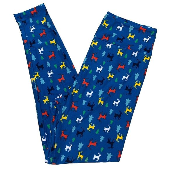 LuLaRoe Womens‎ Leggings Size OS One Blue Reindeer Dream Christmas Holiday NWT - Picture 1 of 4